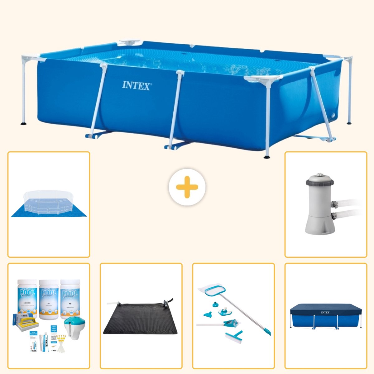 Intex Rechthoekig Frame Zwembad - 300 x 200 x 75 cm - Blauw - Inclusief Onderhoudspakket - Solar Mat - Schoonmaakset - Afdekzeil - Grondzeil - Zwembadfilterpomp - 7-delig