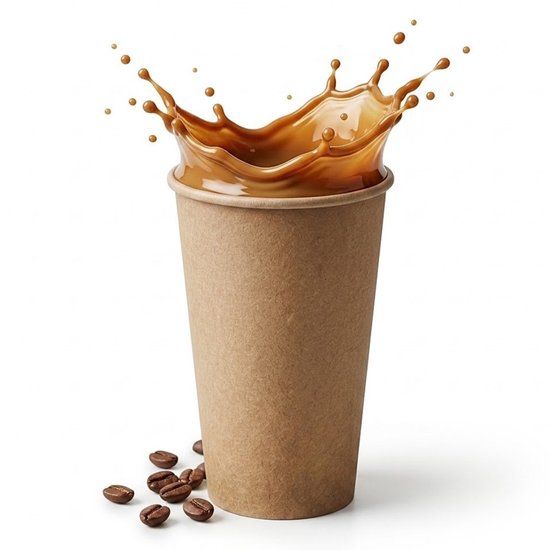 Bruine kartonnen beker met opspattende koffie en koffiebonen ernaast.