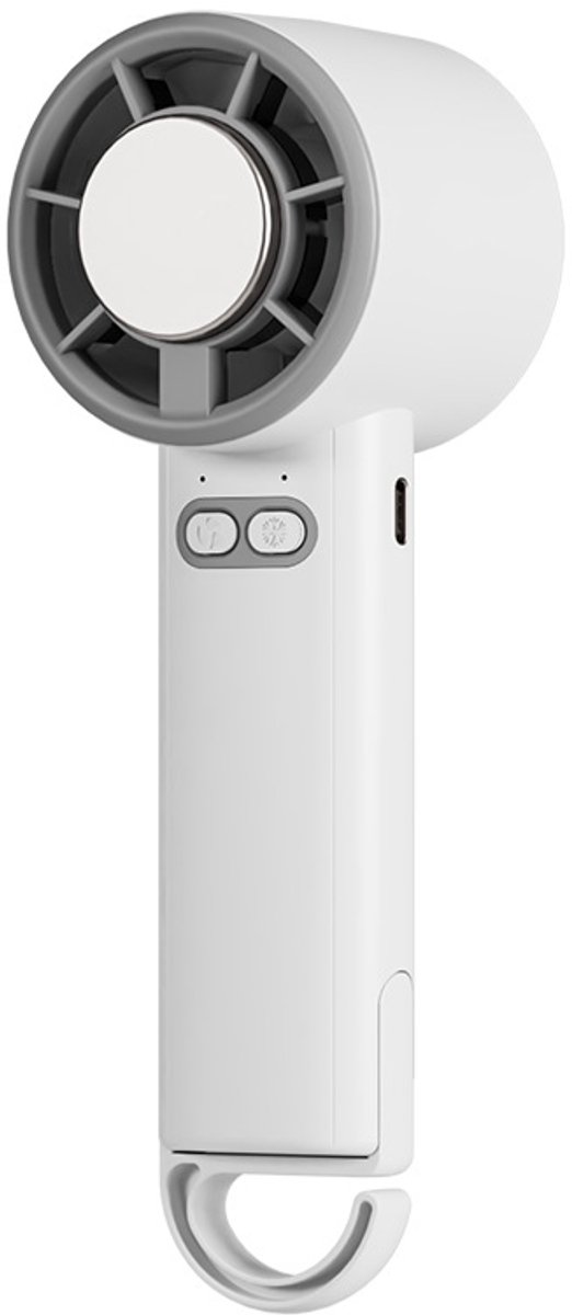 Draagbare handventilator met halfgeleiderkoeling tot 16°C, 5 snelheden, 8 uur gebruiksduur, geïntegreerde haak, afmetingen 6×5,5×17,8 cm, kleur: ijswit