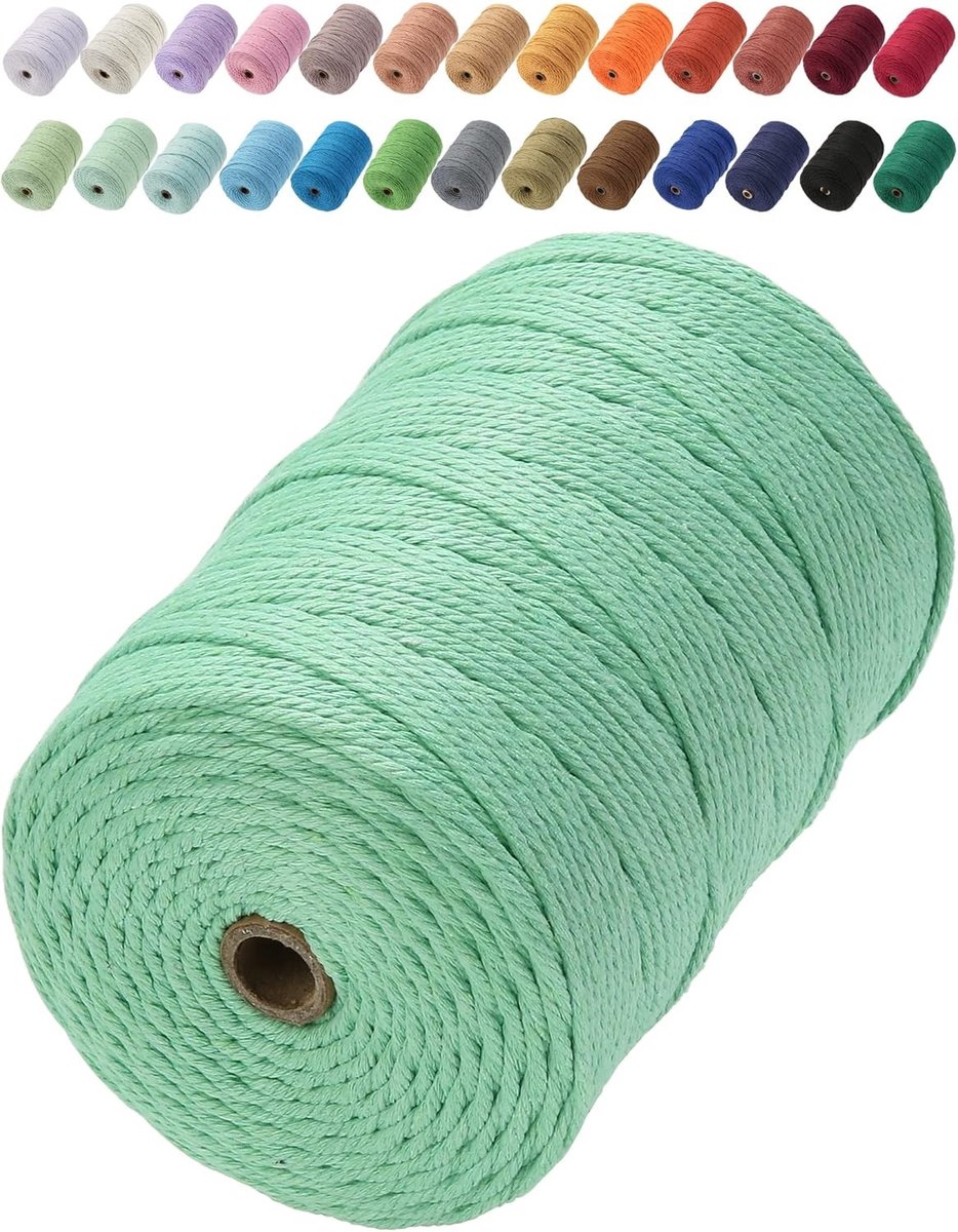 Premium Katoenen Macramé Touw 3mm x 200m - Zacht, Chemisch Vrij en Perfect voor Macramé Projecten in Aqua Groen