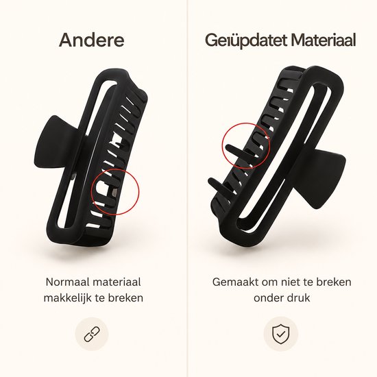 Vergelijking van twee zwarte haarklemmen; links een normale die breekt, rechts een geüpdatet materiaal dat niet breekt.