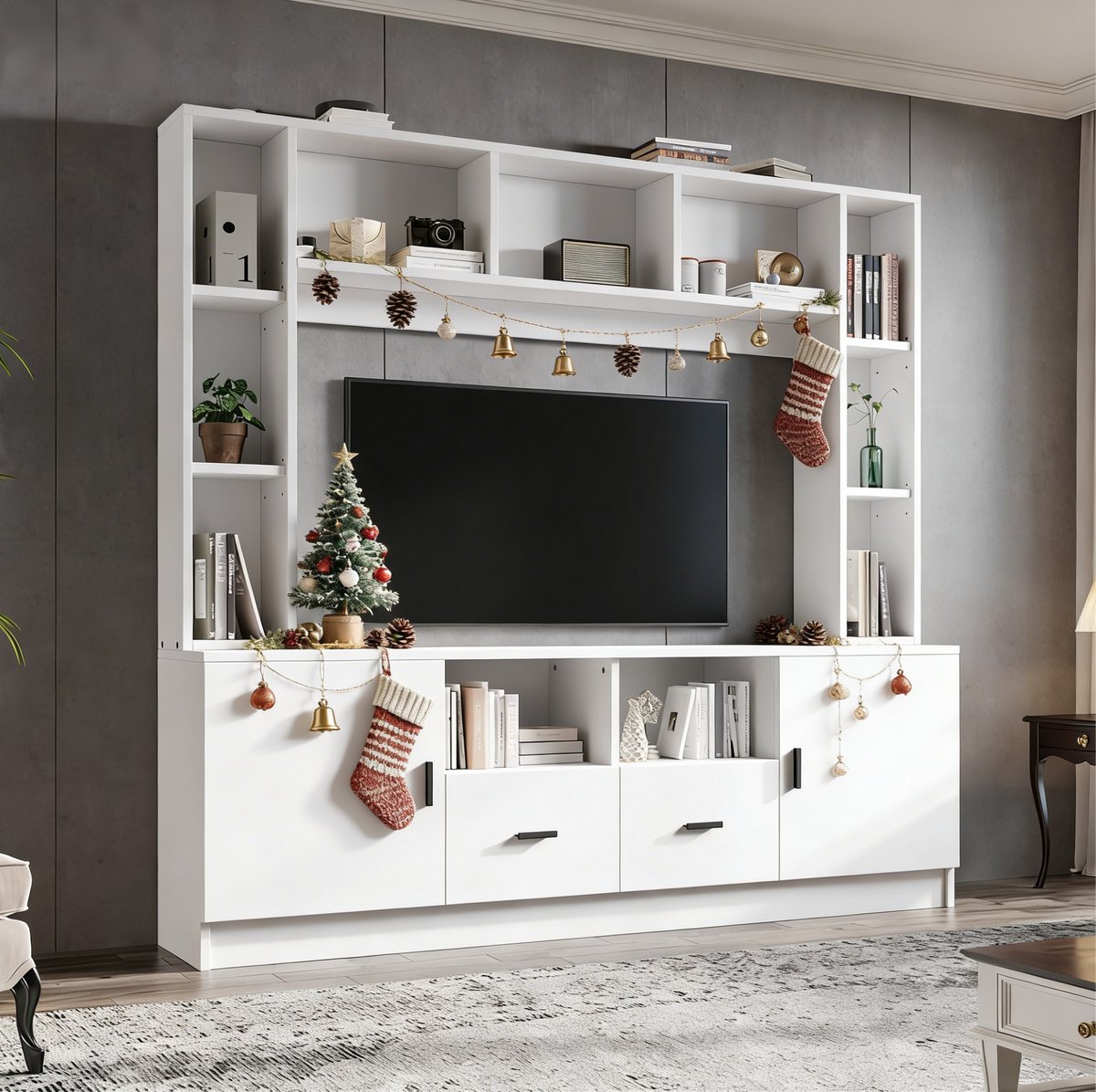 COVREO TV meubel woonwand 180x35x170 cm - 2 kasten, 2 lades, 11 vakken, wit