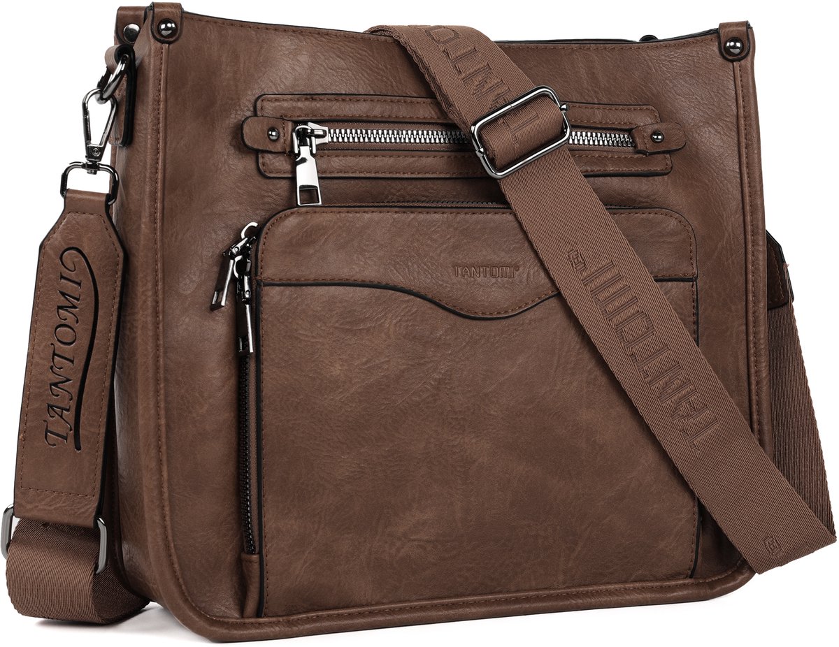 TANTOMI - Schoudertas Dames - met 6 RFID-Kaartsleuven - Multi-rits ontwerp - Middelgrote Schoudertas Dames Crossbodytas - met Brede Band Verstelbare en Afneembare - Donkerbruin