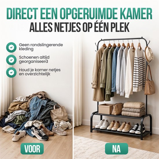 Une pièce instantanément rangée: vêtements et chaussures organisés au même endroit.