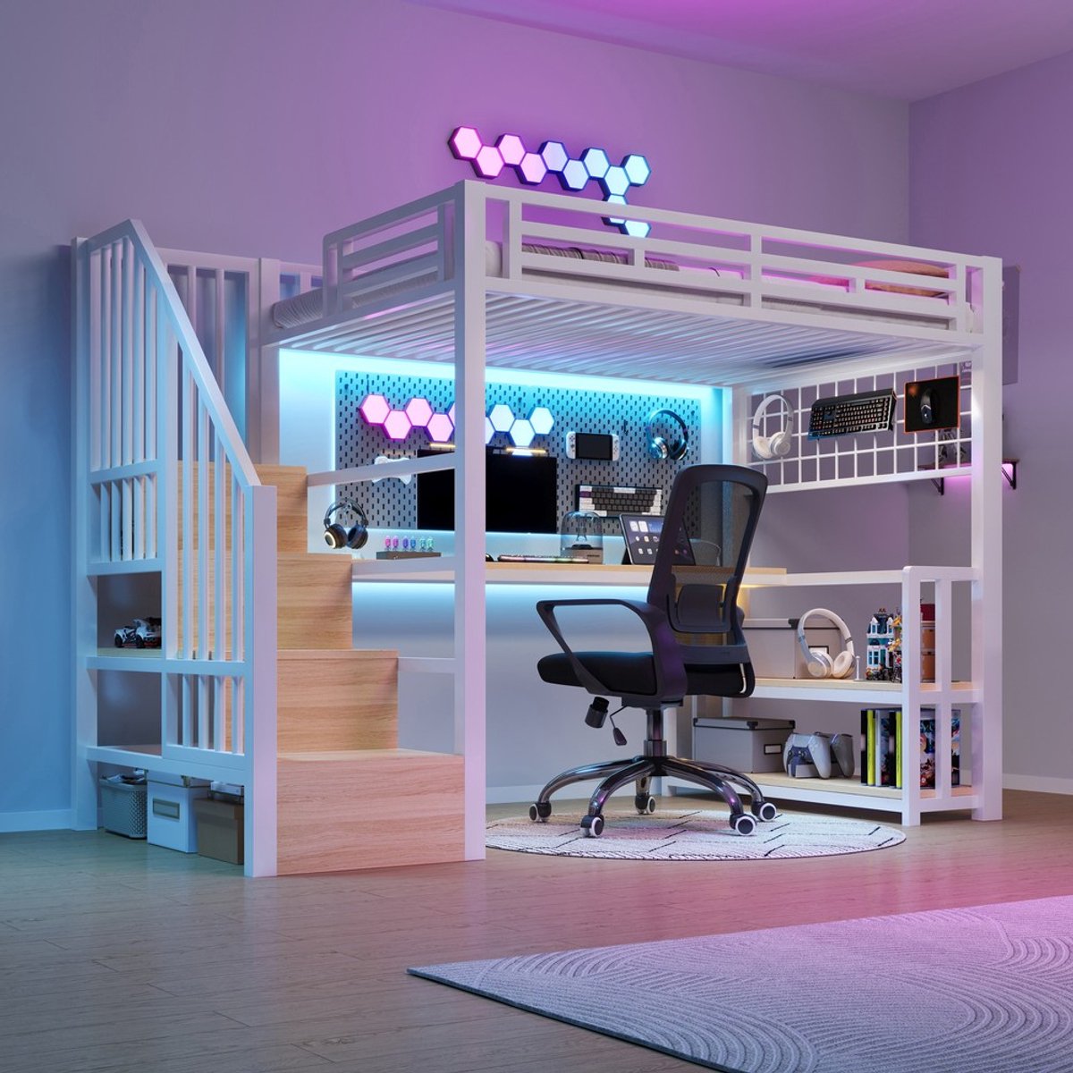 KOMHTOM - Hoogslaper - 90 x 200 cm - IJzeren frame met opbergrek en hangend rooster - LED-lichtstrip, bureau en USB-aansluitingen - Wit