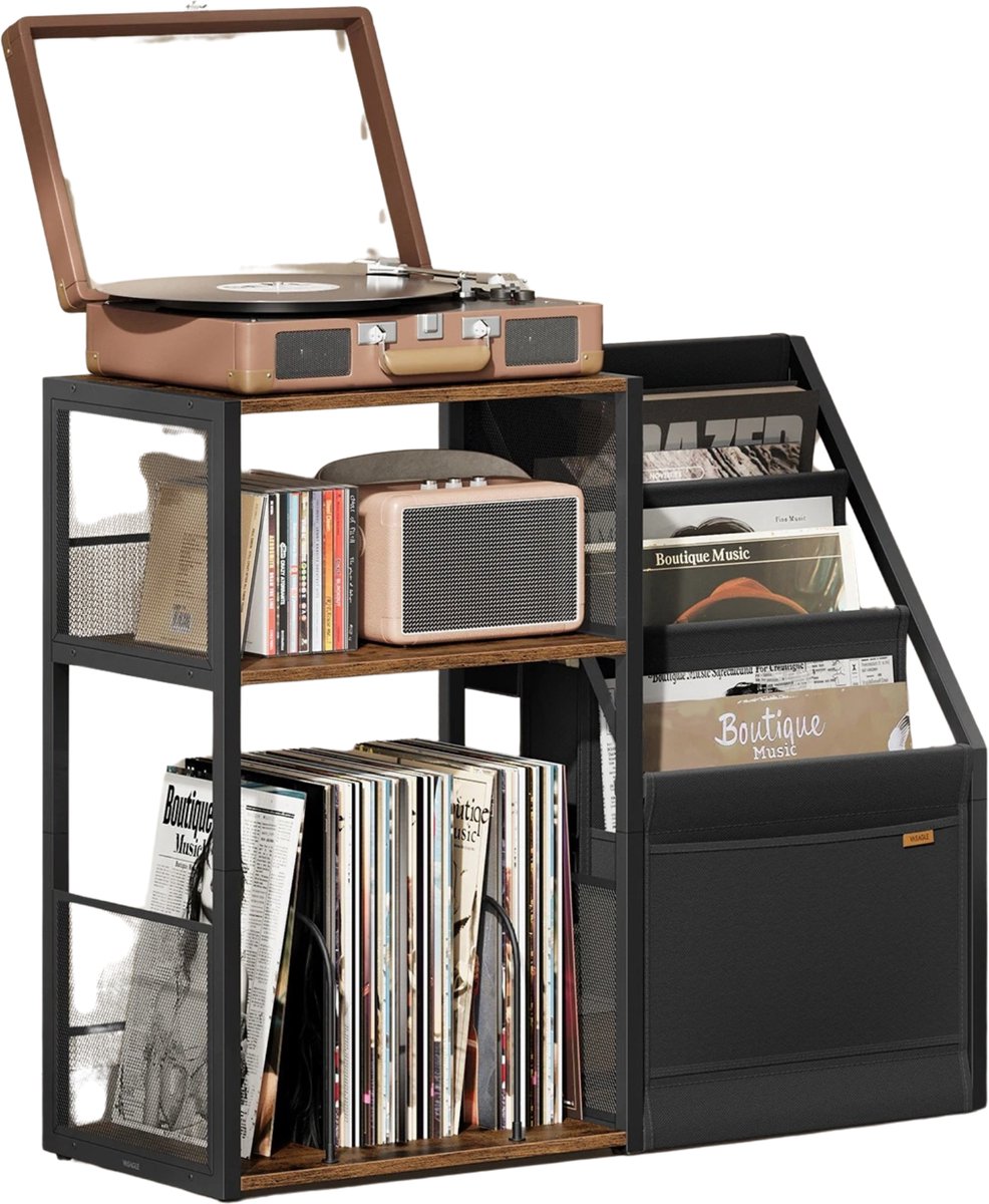Solayne Platenspeler meubel - IP kast - Platenspeler kast - Vinyl kast - IP meubel - Platenstandaard - 81x30x69 cm - Bruin/Zwart
