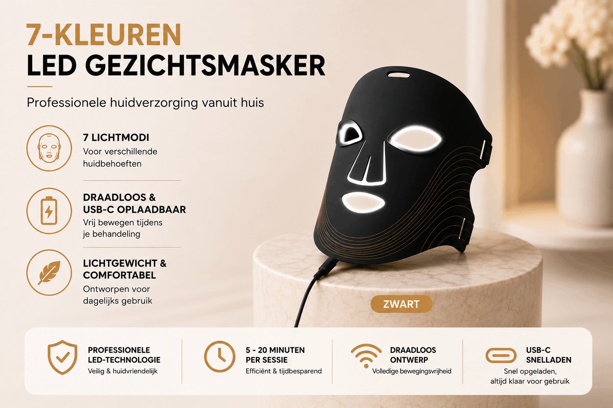 Royal Wellness - Lichttherapie gezicht masker - Led gezicht masker - 7 programma's - voor een stralend huid