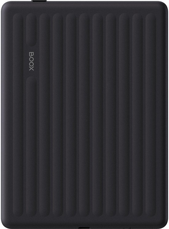 Achterkant van een zwarte BOOX e-reader met verticale ribbels.
