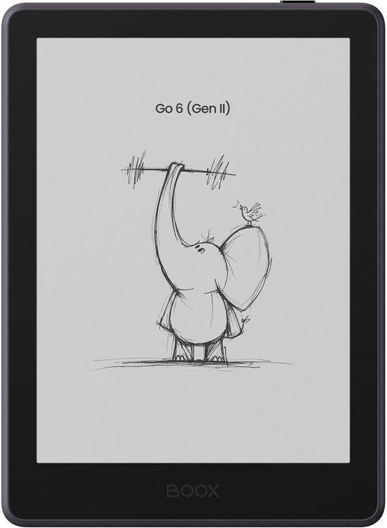 Witte BOOX Go 6 (Gen II) e-reader met een tekening van een olifant die een halter optilt.