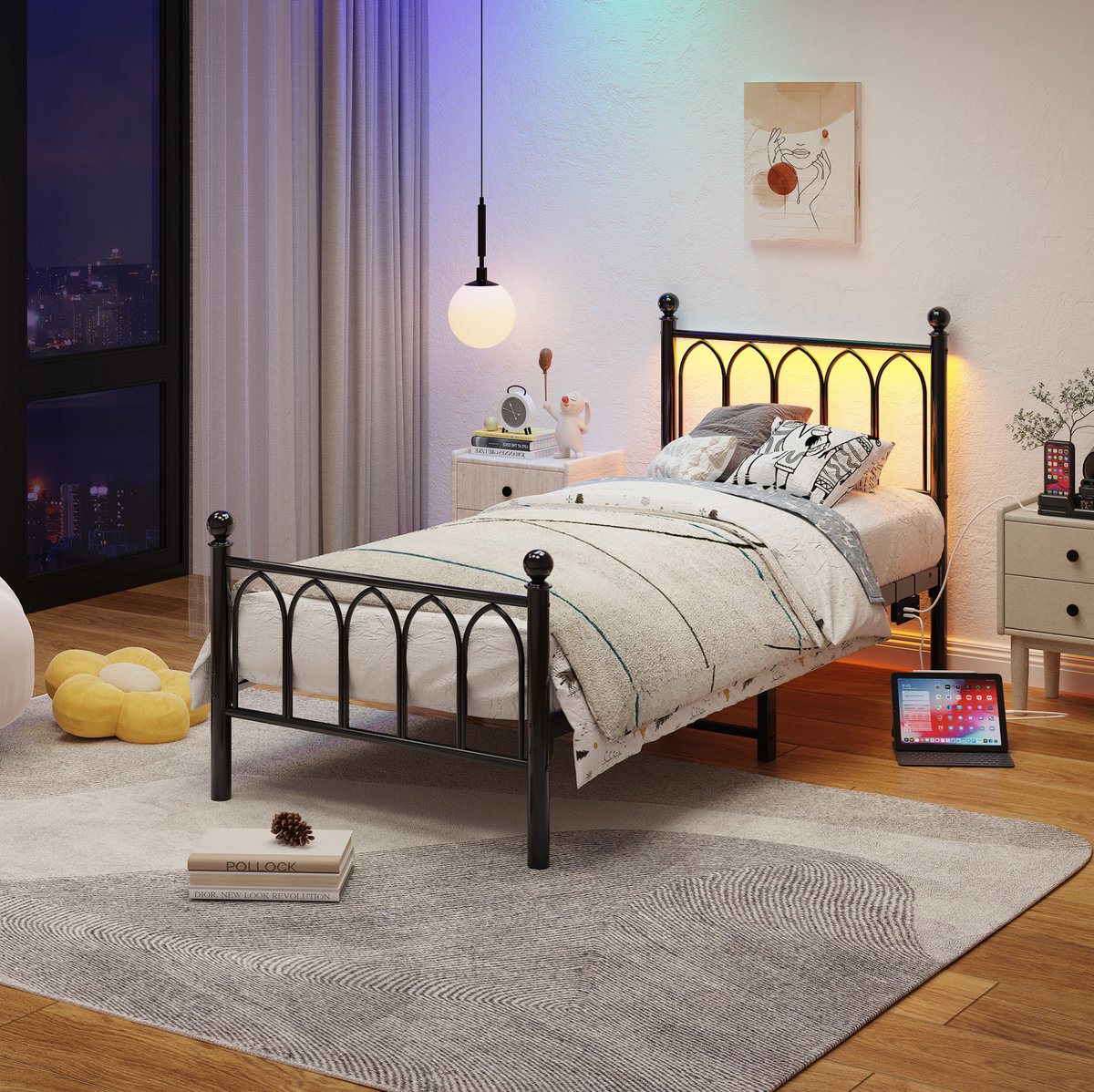 STILVORA Metalen Bed 90x200 cm – Vintage Hoofd En Voeteneinde Met LED En USB-Oplaadpunt – Onderbed Opbergruimte – Zonder Matras – Zwart