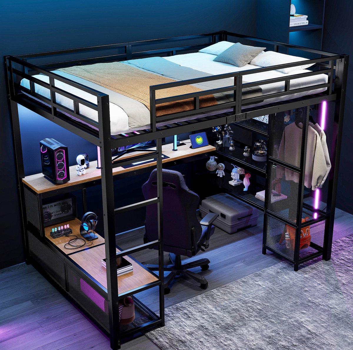 STILVORA Hoogslaper 140x200 cm – Met Bureau, Open Kledingkast, USB En LED – Ruimtebesparend – Zonder Matras – Metaal En MDF – Zwart
