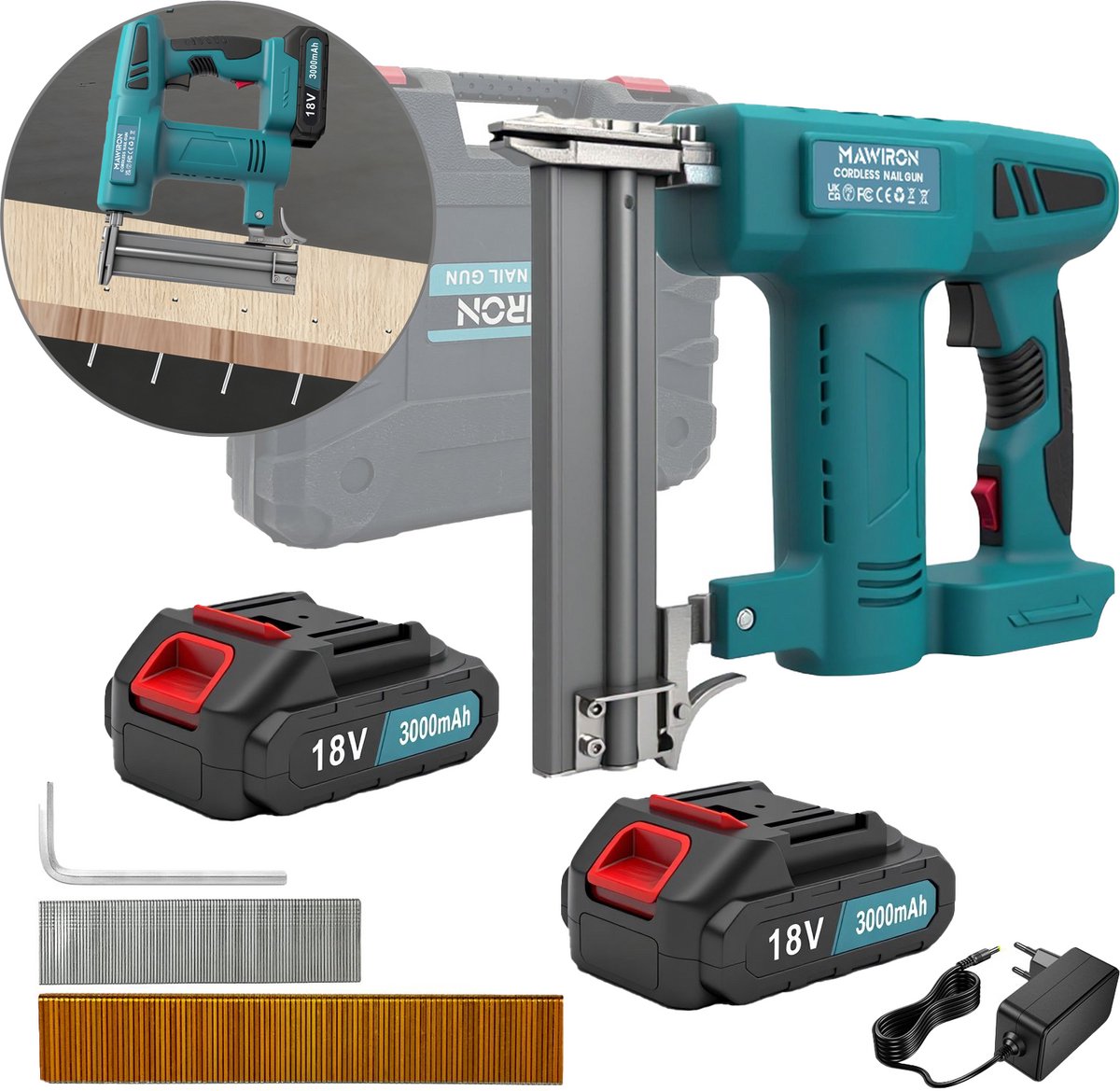 18V Accu‑nietpistool, draadloos met 2 stuks 3000‑mAh‑accu’s, EU‑oplader, 500 rechte nagels en 500 U‑nagels voor timmer‑ en montageklussen