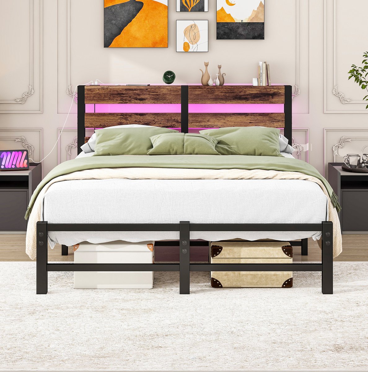 STILVORA Bed 120x200 cm – Ledverlichting en USB-Laadstation – Metalen Bedframe met Hoofdbordplank en Opbergruimte – Zonder Matras – Zwart
