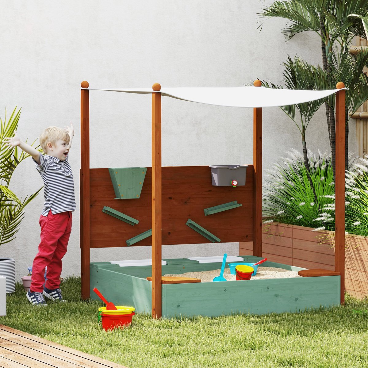 ECTEATOY® Zandbak voor Kinderen - Inclusief Dak 2 Zitjes - Speelbakken, Kraan en Trechter - 116x112,5x128