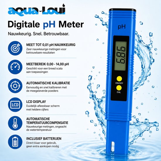 Blauwe digitale pH-meter met display 6.86, omringd door waterplonsjes. Kenmerken: nauwkeurigheid, bereik, kalibratie, display, temperatuurcompensatie en batterijen.