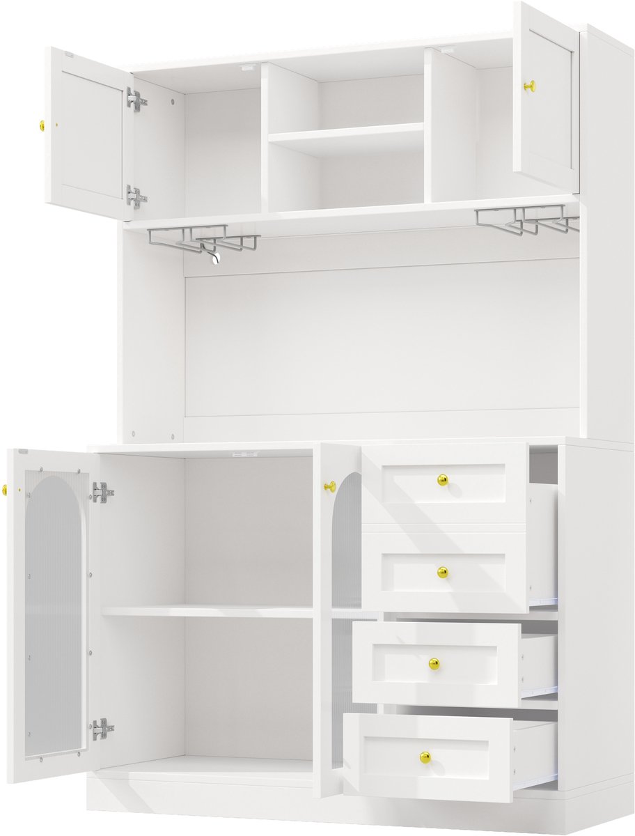 COVREO Buffetkast met LED-verlichting – Keukenkast met geribbeld glas – Opbergkast voor dagelijkse spullen – 120x40x188 cm – Wit