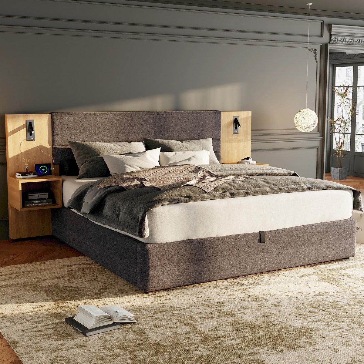 Merax 160x200 cm gestoffeerd bed - met brede nachtkastjes en USB-aansluiting - met bedlampje - met opbergruimte - grijs en houtkleur - zonder matras
