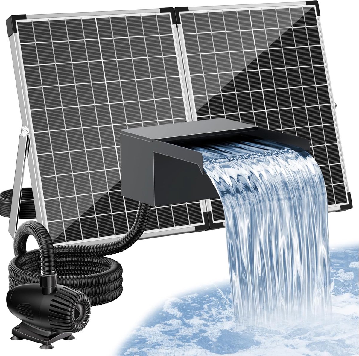 POPOSOAP Waterval-en vijverset-55W zonne-energie-watervalpomp(debiet 2000 l/u)-20cm brede watervaluitloop van roestvrij staal-3,0 m geribbelde slang-Geschikt voor waterelementen in tuinvijvers