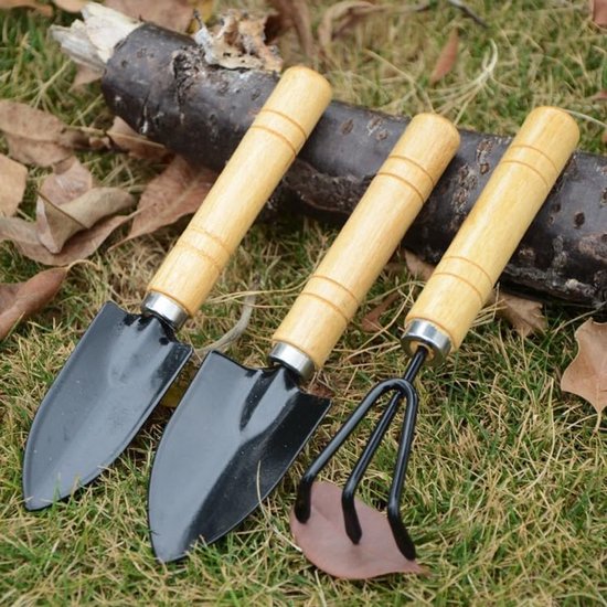 Deze 3-delige mini-tuingereedschapset bevat een schep, een spade en een hark met ergonomische houten handvatten, waardoor hij ideaal is voor het planten, wieden en omspitten van de grond. — afbeelding 2