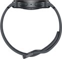 Zijaanzicht van een donkergrijze smartwatch met band.