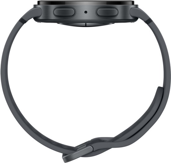 Zijaanzicht van een donkergrijze smartwatch met band.