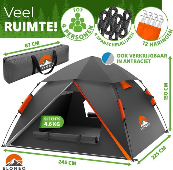 ELONEO Pop-up Tent 2-4 Personen, Wurftent met snelle opbouw - Campingtent 245 x 225 x 150 cm ,Inclusief draagtas, Oranje/Grijs van ELONEO — afbeelding 3