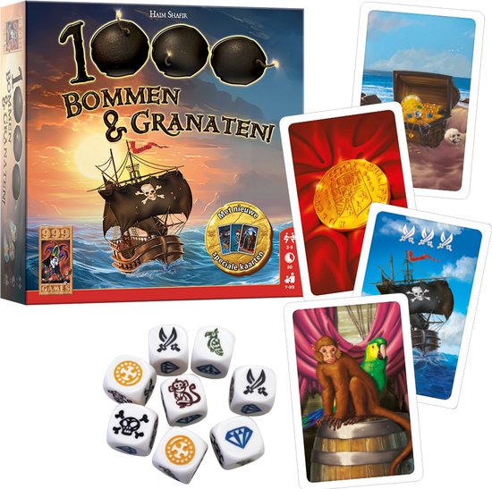 Spelbord met piratenschip, dobbelstenen met piratensymbolen en kaarten met een schat, een aap en een papegaai.