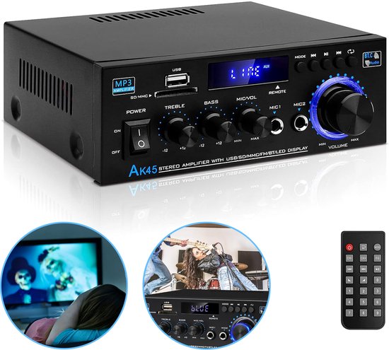 Zwarte AK45 stereo versterker met display, USB, microfooningangen en afstandsbediening. Inclusief beelden van muziek en film.