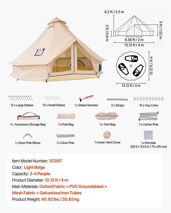 VEVOR Oxford Bell Tent, 4m Yurt, 4 Seizoenen, met Schoorsteenopening, Slaapgelegenheid voor Maximaal 4 Personen, met Uitneembare Vloer (Ritssluiting), Ideaal voor Gezinskamperen en Buitenactiviteiten, Beige van Vevor — afbeelding 3