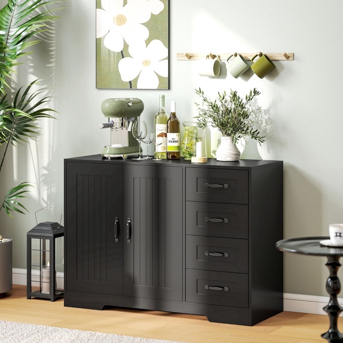 MEUNIQ dressoir 105 x 40 x 76 cm met 4 lades en kast met verstelbare plank, opbergkast voor woonkamer of eetkamer, zwart Black