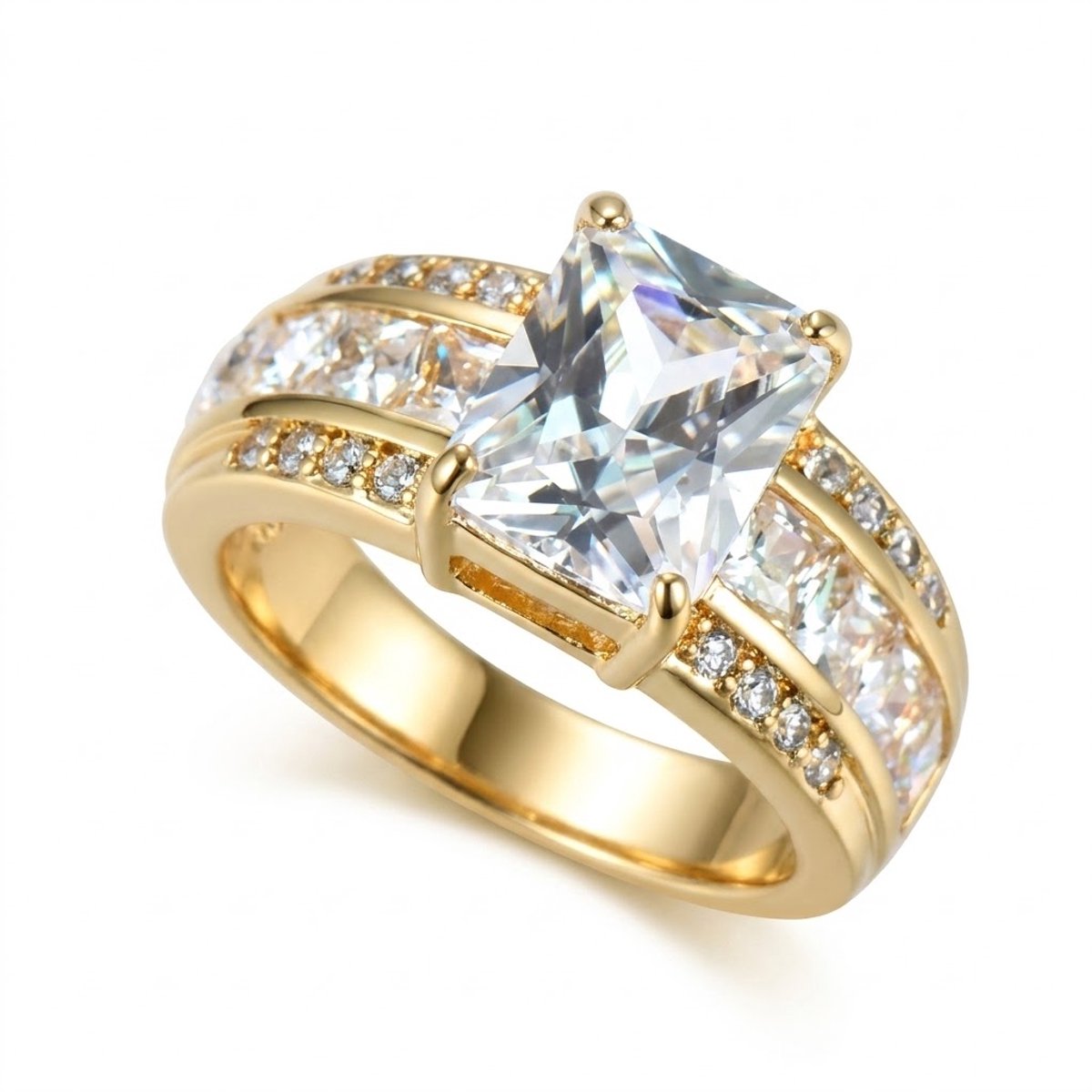 Wit goudkleurige ring dames maat 6 met steen vierkante transparante steen en pavé details brede band ring met zirkonia look statement ring