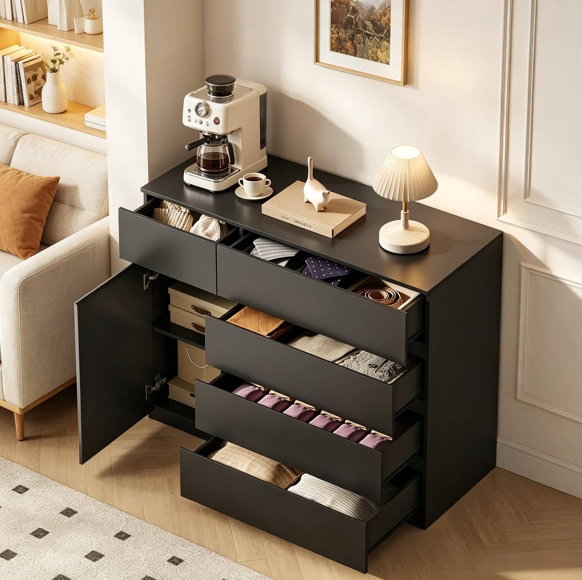 MEUNIQ dressoir 100 x 40 x 80 cm met 5 lades en kastvak, verstelbare plank, opbergkast voor slaapkamer, woonkamer, hal of keuken, zwart