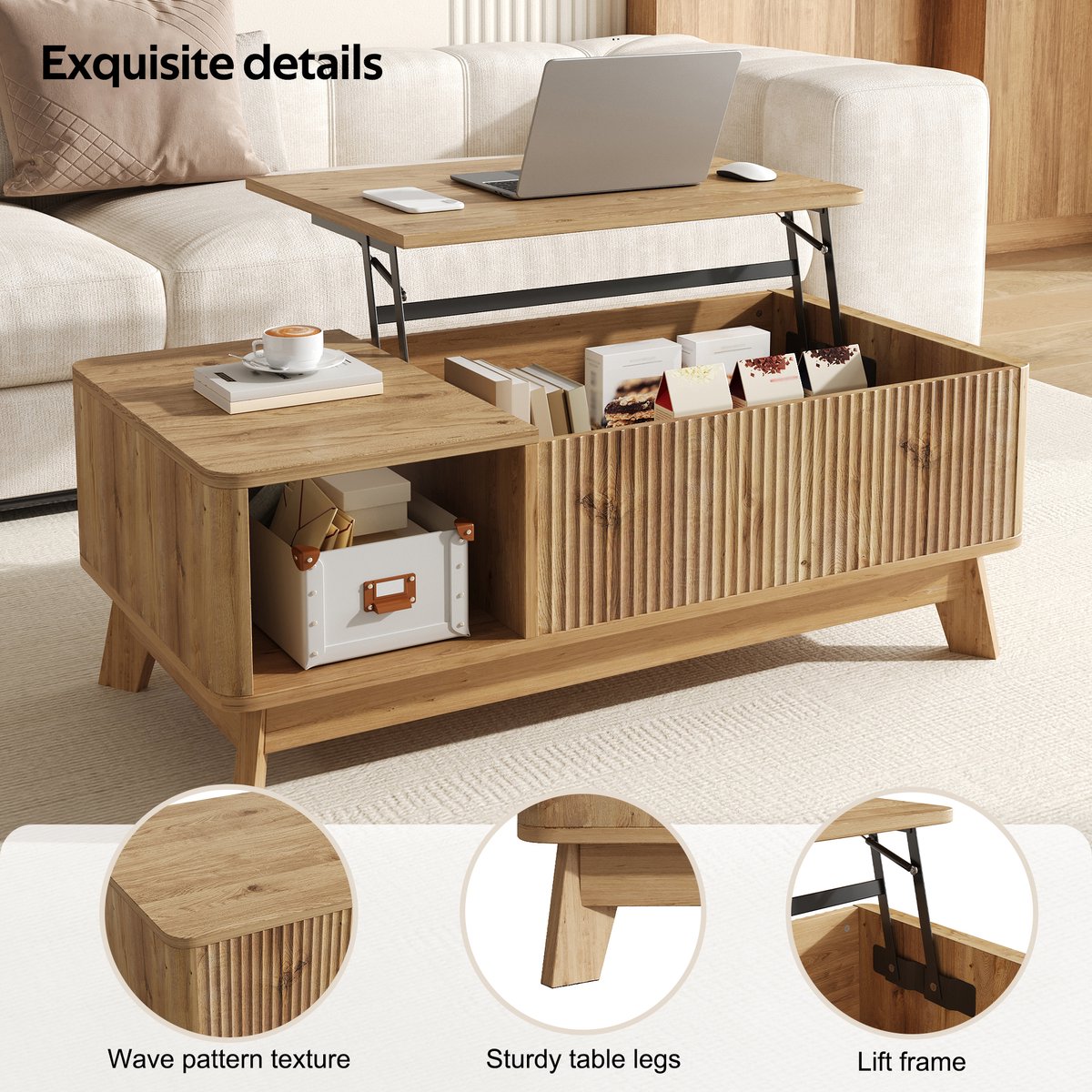 HAUSS SPOLE Salontafel - Met Hefbaar Tafelblad En Opbergruimte - Voor Woonkamer En Werken - MDF - 95x48x50 Cm - Naturel