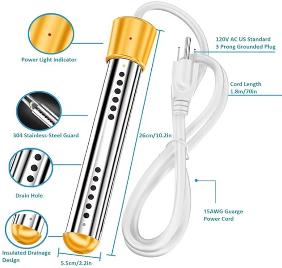 Elektrische Dompelverwarmer - 3000W - Dompelaar - Snelwaterverwarmer met Automatische Uitschakeling - Waterverwarmer - Zwembadwaterverwarmer - Reisdompelaar - Draagbare - Veilig & Duurzaam - Voor Bad, Emmer & Voetenbad - Geel — afbeelding 3