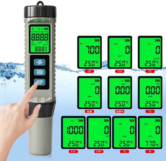 Digitale pH- en chloormeter, waterkwaliteitsmeter voor zwembaden, groot scherm, 8-in-1 multifunctionele tester, meet TDS/EC/pH/CL/SG/ZOUT/ORP/temperatuur, geschikt voor drinkwater, zwembaden, aquaria, hydrocultuursystemen en spabaden.