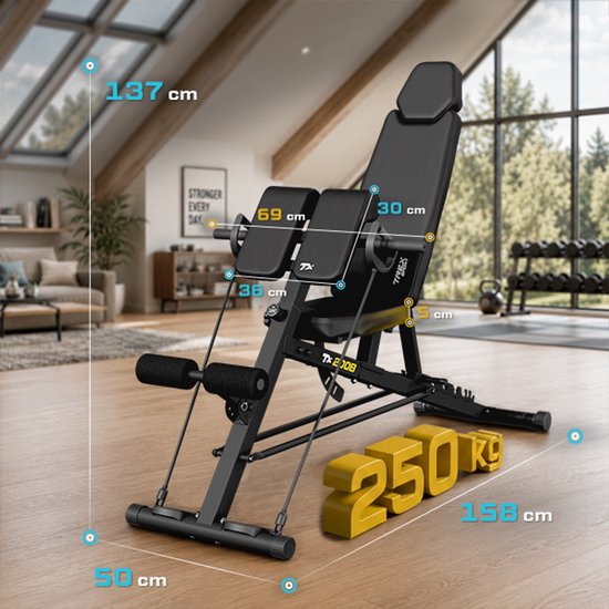 Zwarte fitnessbank met verstelbare rugleuning en beensteunen, afmetingen 137x50x158cm, belastbaar tot 250kg.