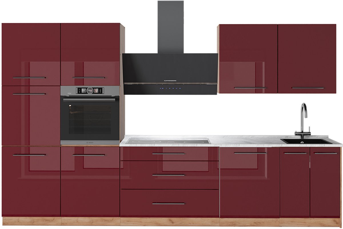 Vicco Complete keukeneenheid Fame-Line, Bordeauxrode hoogglans/Goudkleurig Eiken, 340 cm, WB Marmer