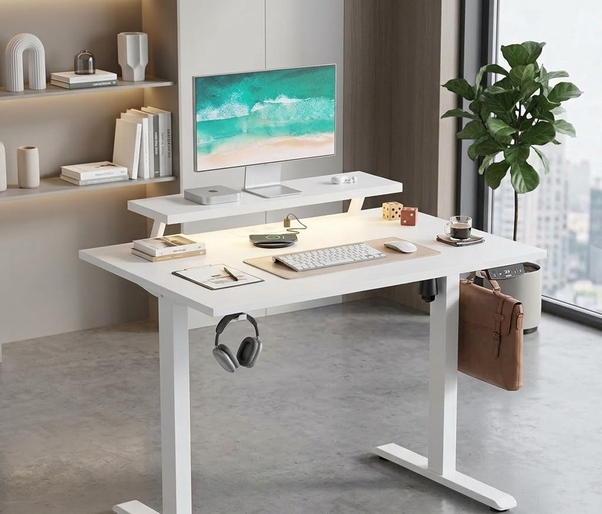 Elektrisch In Hoogte Verstelbaar Zit-Sta Bureau met LED Verlichting, USB Oplaadpoort en Monitorstandaard 100x60 cm – Ergonomisch Gaming & Thuiswerk Bureau, Computertafel met Kabelmanagement | novihomestore