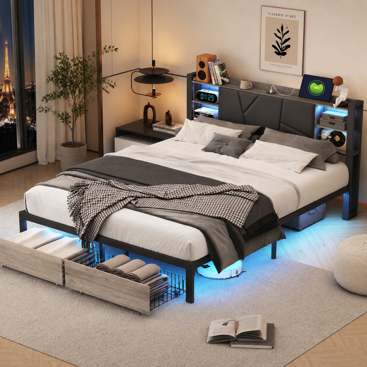 MEXUS Tweepersoonsbed 140x200 cm met LED-verlichting en USB, ijzer hout bedframe met lades, metalen bedframe met oplaadstation en hoofdbord met opbergvak, PU-leer Grijs
