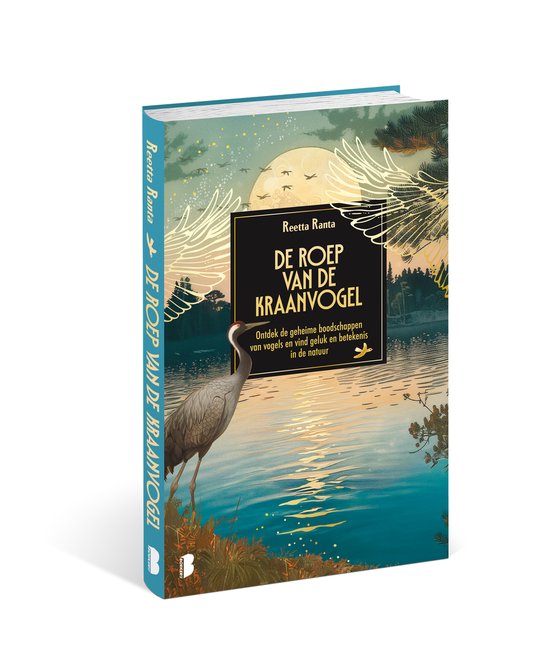 Livre 'L'appel de la grue' avec une grue près de l'eau sous un ciel éclairé par la lune.
