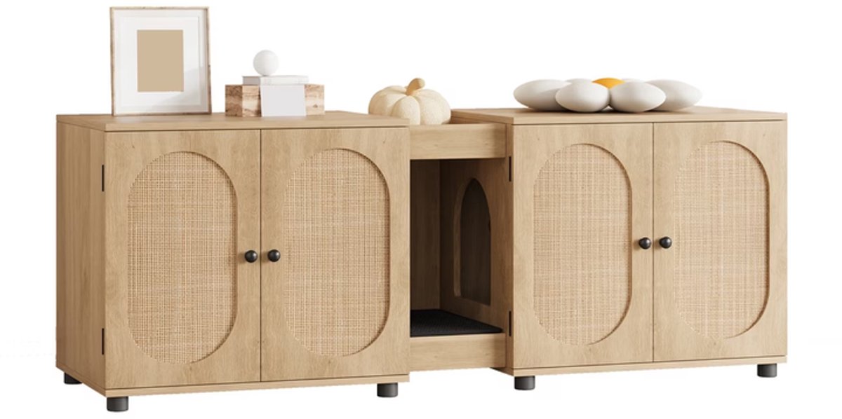 NordPaw® Dubbel Kattenbak Meubel XXL - Verborgen Kattenbakkast voor 2 Katten met Opbergruimte, Ventilatie en Kattenhuis - Vintage Bruin - 140 x 45 x 56 cm