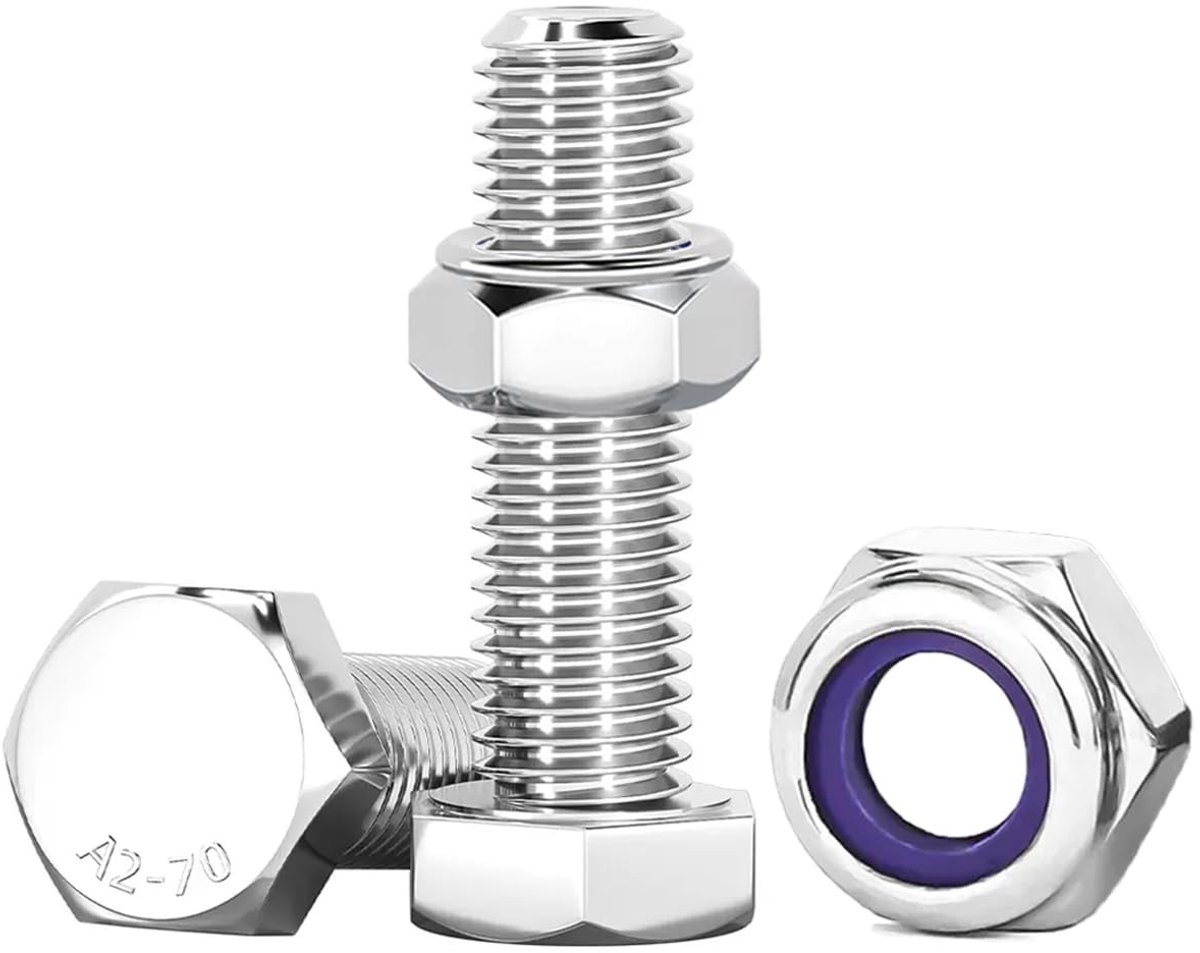 Set van 10 M10 Hex Kop Schroeven van RVS A2 V2A met Zelfsluitende Moeren voor Meubels, Auto's en Fietsen, 30 mm Lengte