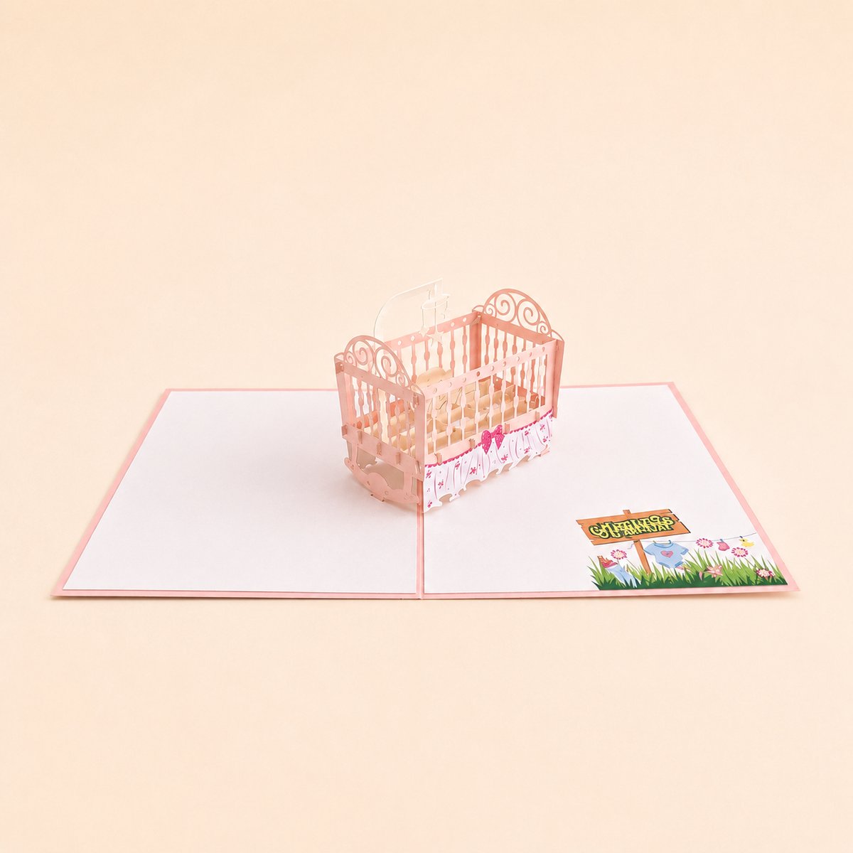 Paperbloom 3D Pop-Up Geboortekaart Meisje – Roze Babywieg Wenskaart – Originele Felicitatiekaart Baby