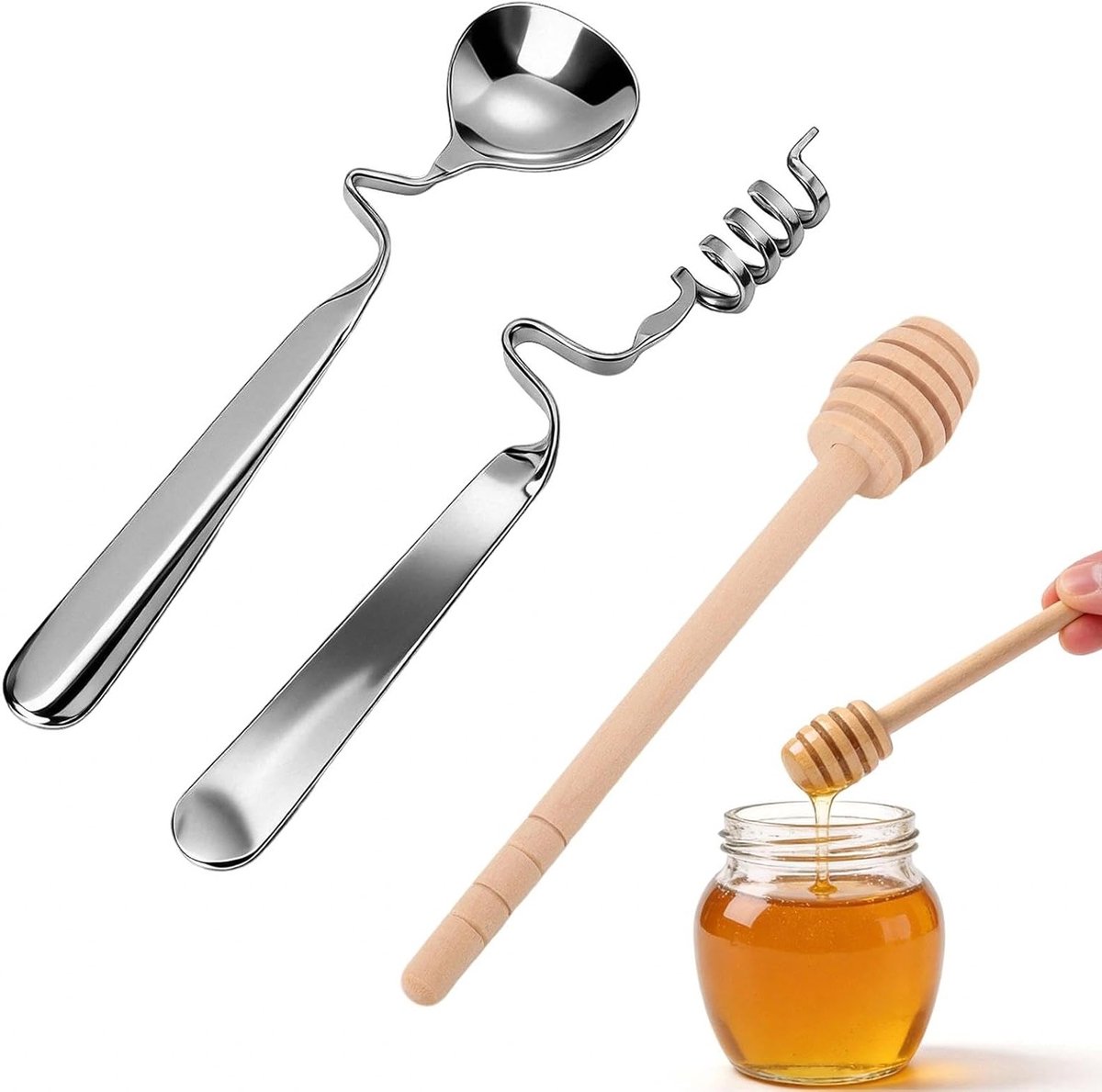 Houten honinglepels set van 3, 15 cm lang, ideaal voor honing, jam en siroop, perfect voor yoghurt en desserts