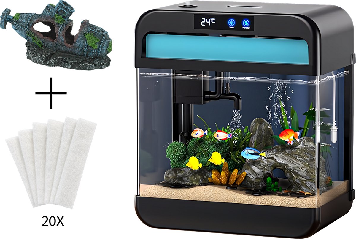 AquaImpact Premium Zelfreinigend Aquarium 26 L – Onderzeeër - 20 Filters - Decoratie - Set met 3‑in‑1 Pomp - LED & Touch Display – Timer & Dim Functie - Incl. Luchtbevochtiger - Garnalen Aquarium