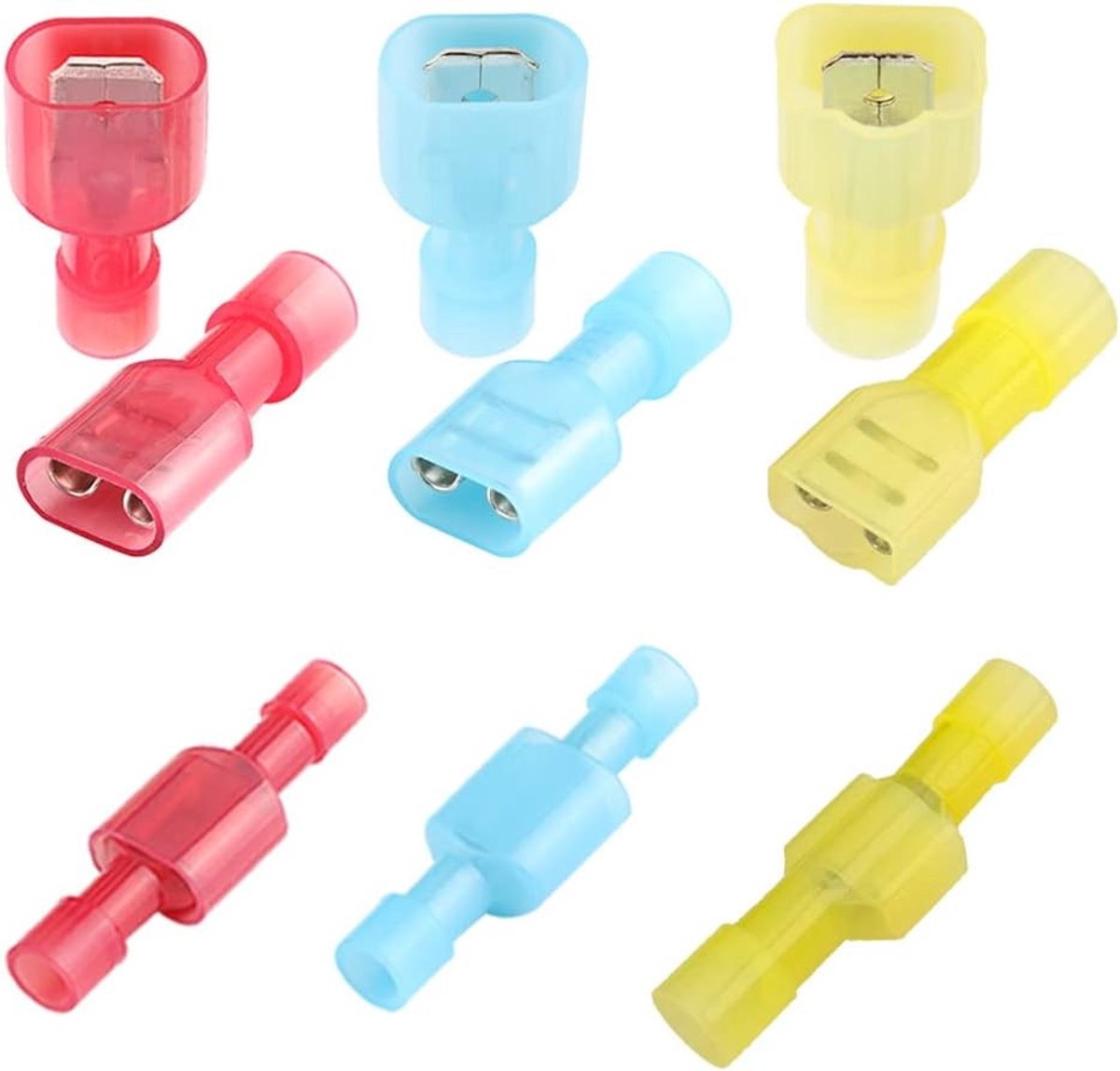 Complete Set van 100 Stuks Geïsoleerde Draadverbindingen, Crimp Terminals en Nylon Connectoren in Rood, Blauw en Geel voor Betrouwbare Elektrische Verbindingen
