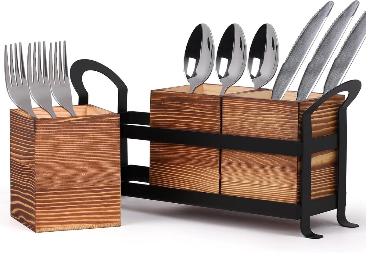 Houten Bestekhouder met 3 Verwijderbare Compartimenten en Metalen Frame, Decoratieve Organiser voor Keuken en Eettafel, Bruin en Functioneel