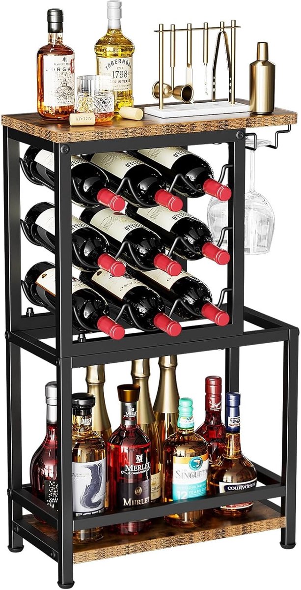 Drie-laags wijnrek voor vloer, veelzijdige glazenhouder voor wijn, whisky en sterke dranken, ideaal voor thuis en bars, bruin en zwart
