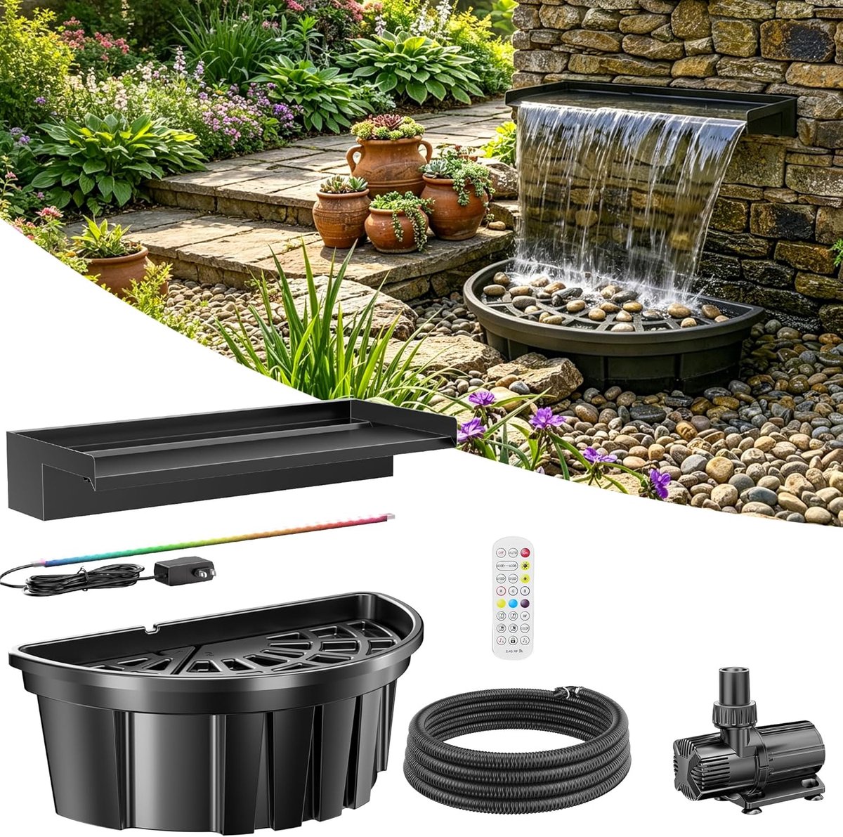 POPOSOAP Vijverwatervalset-6000 l/u zelfcirculerend waterelement met kleurrijke ledverlichting-vijverloze waterval zonder extra bouwwerkzaamheden-voor decoratie van tuin en achtertuin