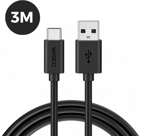 Zwarte 3 meter lange USB-A naar USB-C kabel van WiseQ.